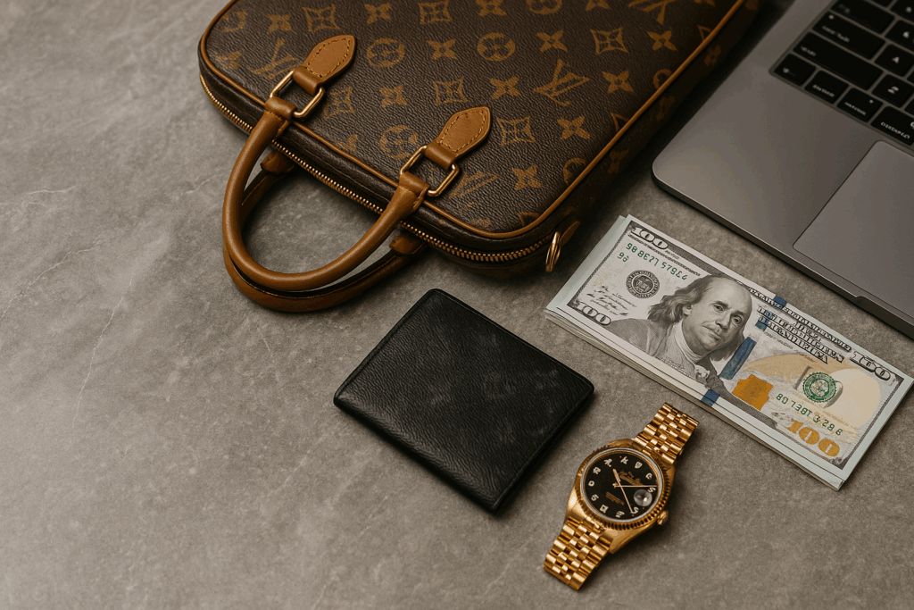 "A conceptual image showing luxury items like a leather briefcase, gold watch, cash and a laptop, representing the deceptive lifestyle often used to attract new traders in financial markets."