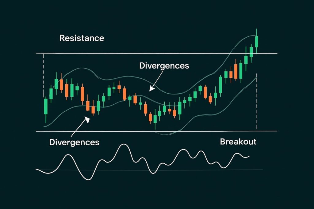 "A clean forex chart showing range-bound market movement with support and resistance levels, candlestick patterns, and technical indicators illustrating price consolidation before breakout."