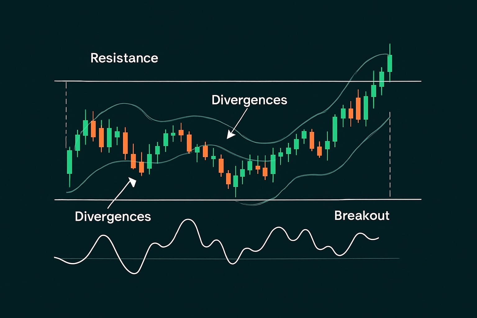 "A clean forex chart showing range-bound market movement with support and resistance levels, candlestick patterns, and technical indicators illustrating price consolidation before breakout."