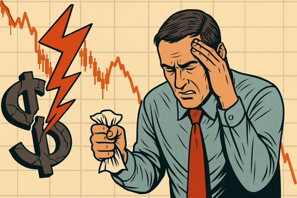 A stressed trader facing losses, symbolizing trading lies, emotional pressure, and poor decision-making in financial markets