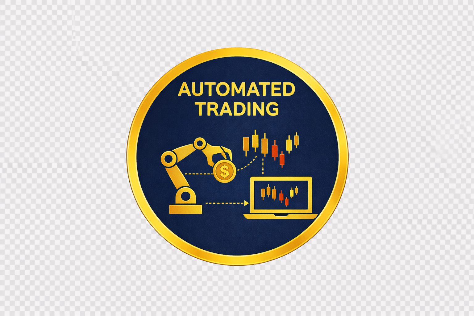 Automated Trading circular icon with dark navy blue background and bold gold border, featuring a robotic arm placing a coin and a laptop displaying a candlestick chart in gold vector style.