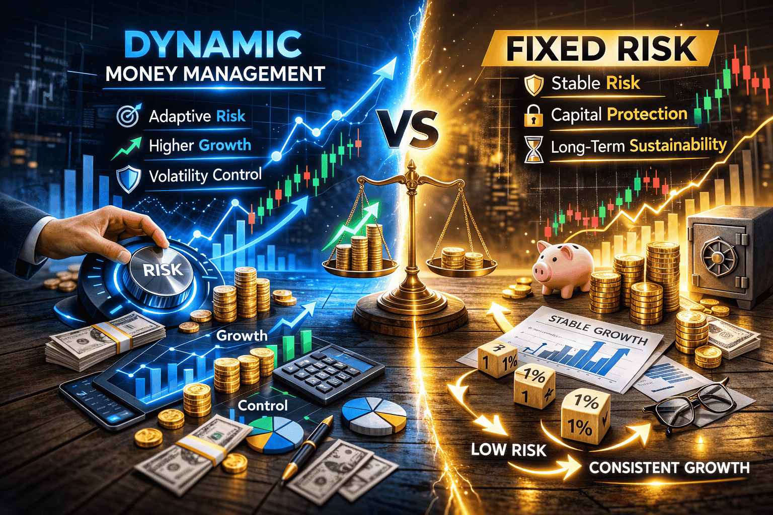 Conceptual illustration comparing dynamic money management and fixed risk in trading with balanced scale and financial charts.