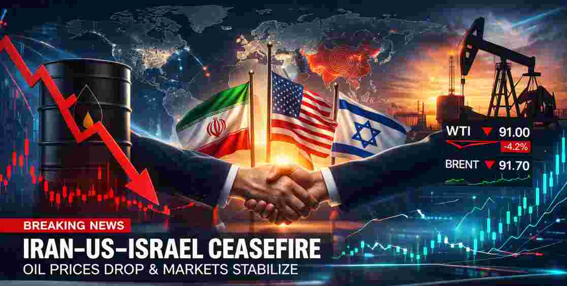 Conceptual news-style image showing a geopolitical ceasefire between Iran, the US, and Israel, with a handshake in the center, oil barrel, falling price chart, and global map highlighting energy markets.