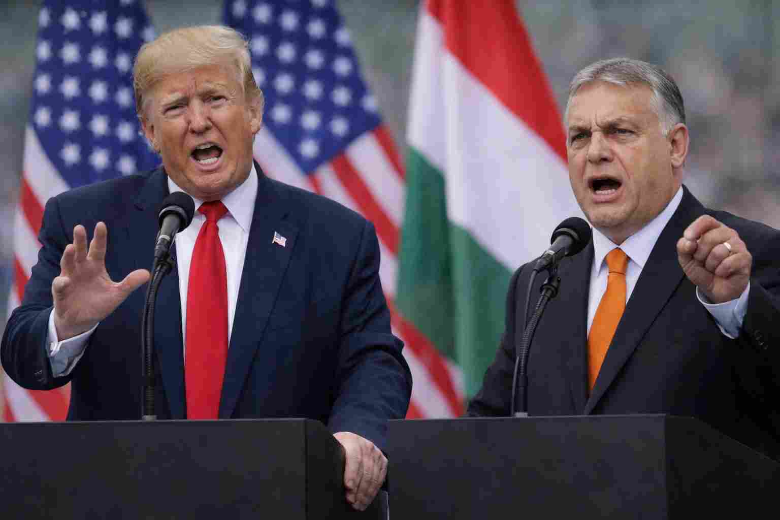 U.S. Vice President JD Vance speaking on a phone during a public event in Budapest, wearing a navy suit and red tie, with blurred American and Hungarian flags in the background.