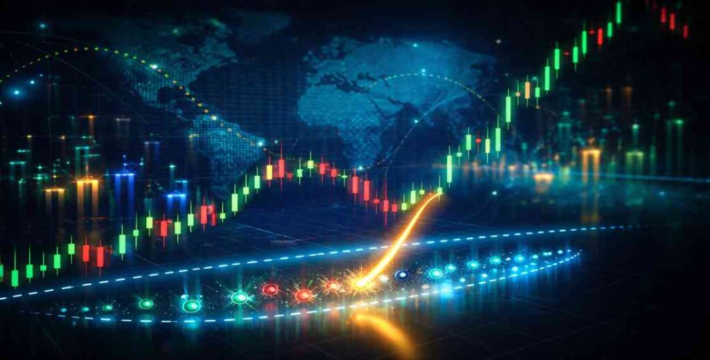 A conceptual digital illustration of the Forex market showing a glowing candlestick chart rising across a dark background, with highlighted liquidity zones and a world map overlay, symbolizing global trading activity and liquidity movement.