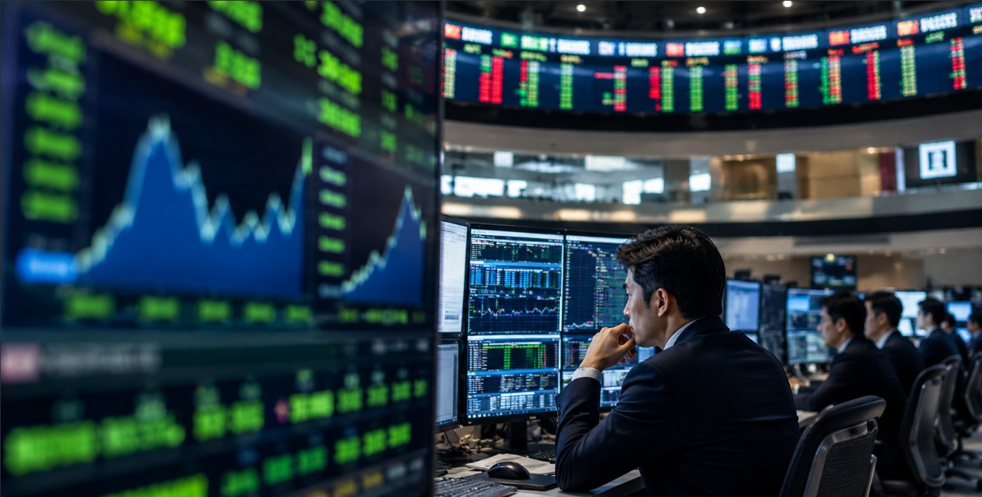 Professional traders monitoring global stock markets as Asian equities rally, the S&P 500 remains strong, and investor optimism rises over easing U.S.-Iran tensions and AI-driven market growth.