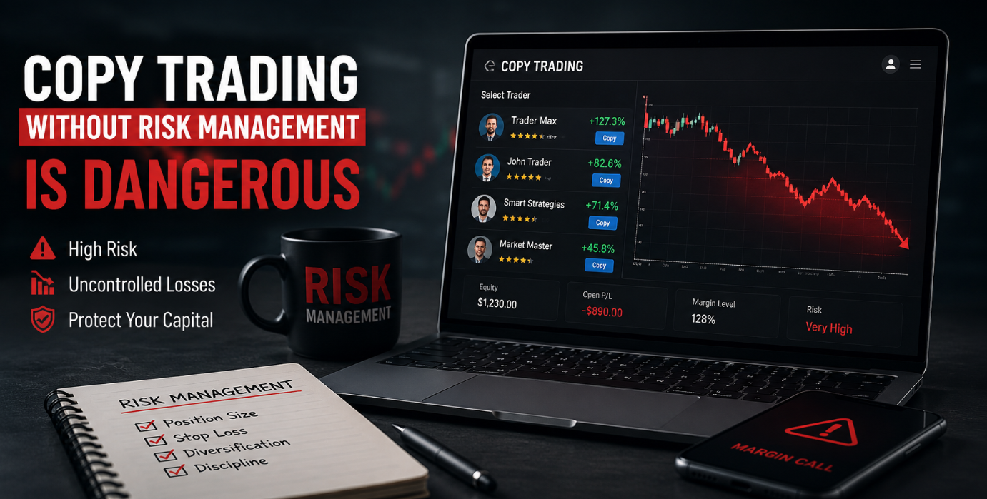 Financial trading dashboard showing the dangers of copy trading without risk management, featuring market charts, drawdown warnings, and risk control elements on a dark trading workspace.