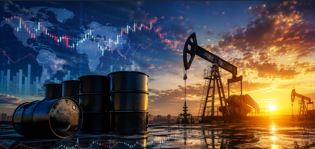 WTI crude oil market forecast illustration featuring oil barrels, pumpjacks, global financial charts, and energy market volatility during sunset in 2026