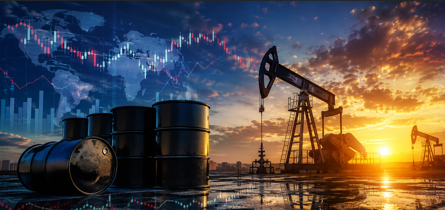 WTI crude oil market forecast illustration featuring oil barrels, pumpjacks, global financial charts, and energy market volatility during sunset in 2026