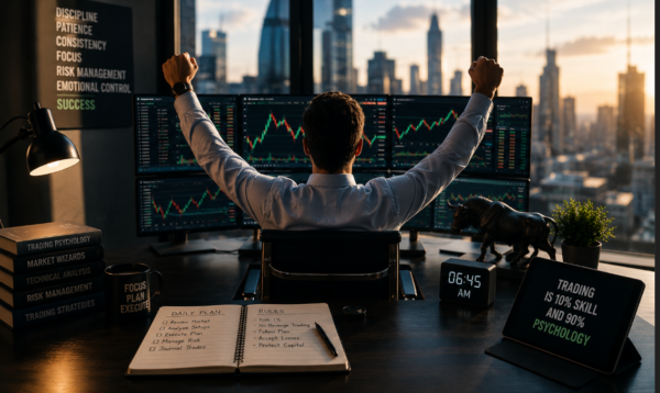 Elite Forex trader controlling emotions and analyzing financial market charts in a premium cinematic trading environment with advanced monitors, risk management tools, and professional trading psychology atmosphere.