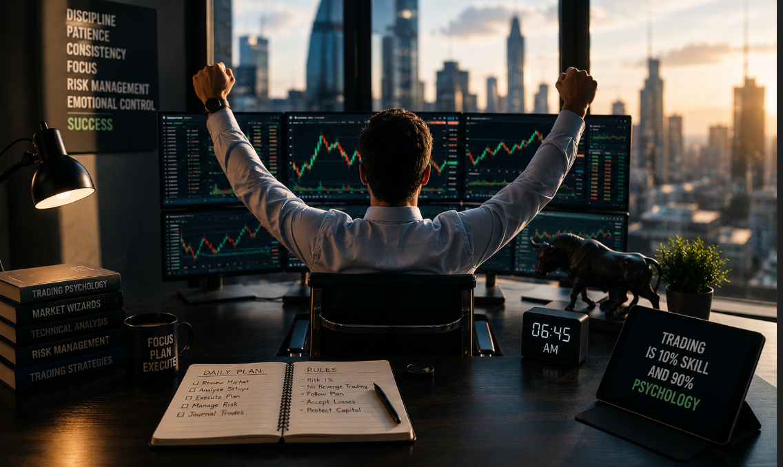 Elite Forex trader controlling emotions and analyzing financial market charts in a premium cinematic trading environment with advanced monitors, risk management tools, and professional trading psychology atmosphere.