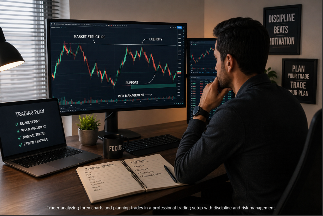 Professional forex trader analyzing market charts with strong discipline, risk management, and emotional control in a modern trading workspace.