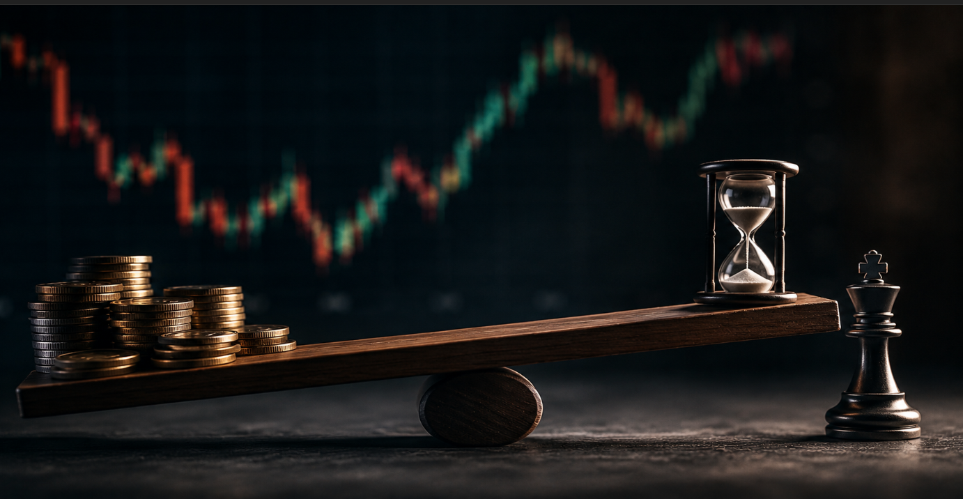 Professional financial risk management concept showing balanced coins, an hourglass, and a chess king on a wooden scale with blurred trading charts in the background, symbolizing copy trading risk and capital preservation.