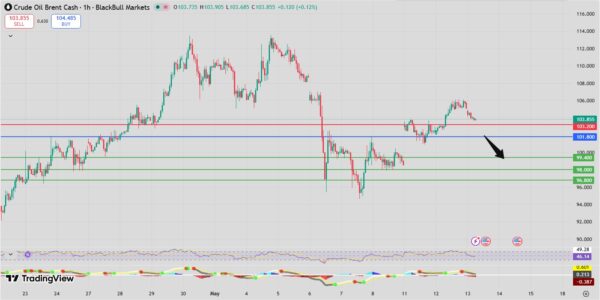 WTI crude oil chart showing bearish intraday momentum below 102.10 with downside targets at 99.40 and 98.00.