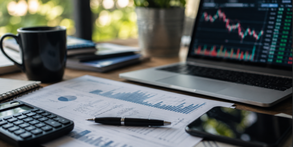 Professional financial market trading desk with stock charts, market analysis documents, laptop screens, and investment workspace in a realistic corporate environment.