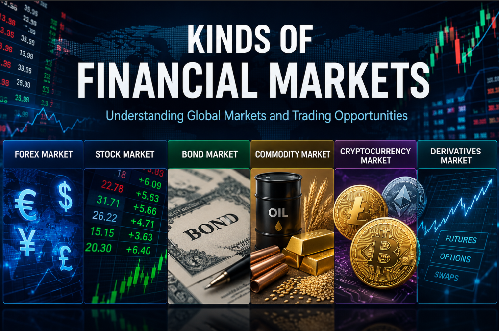 Kinds of financial market including forex stock bond commodity and cryptocurrency trading sectors with global financial charts and market analysis visuals.