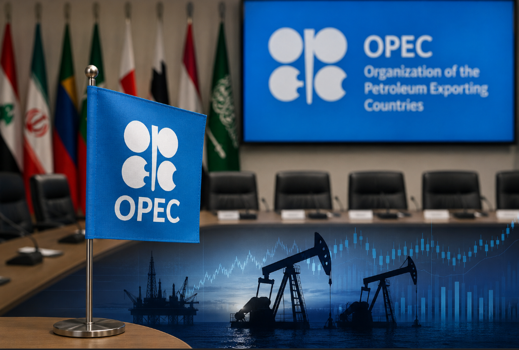 OPEC conference room with official OPEC flag, global oil market charts, and petroleum pumps representing crude oil production and energy market policy decisions in 2026