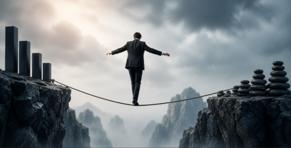 Businessman walking on a tightrope between cliffs as a conceptual symbol of scalping trading risks, emotional pressure, and market uncertainty.