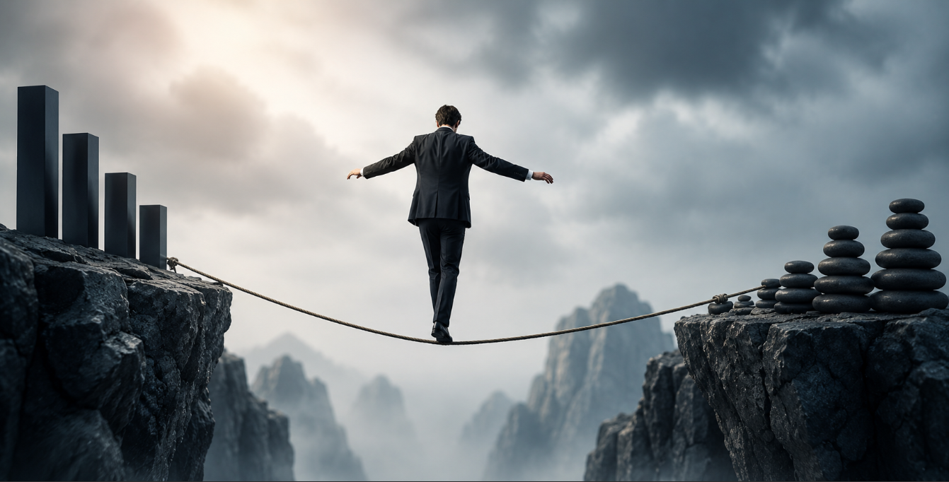 Businessman walking on a tightrope between cliffs as a conceptual symbol of scalping trading risks, emotional pressure, and market uncertainty.