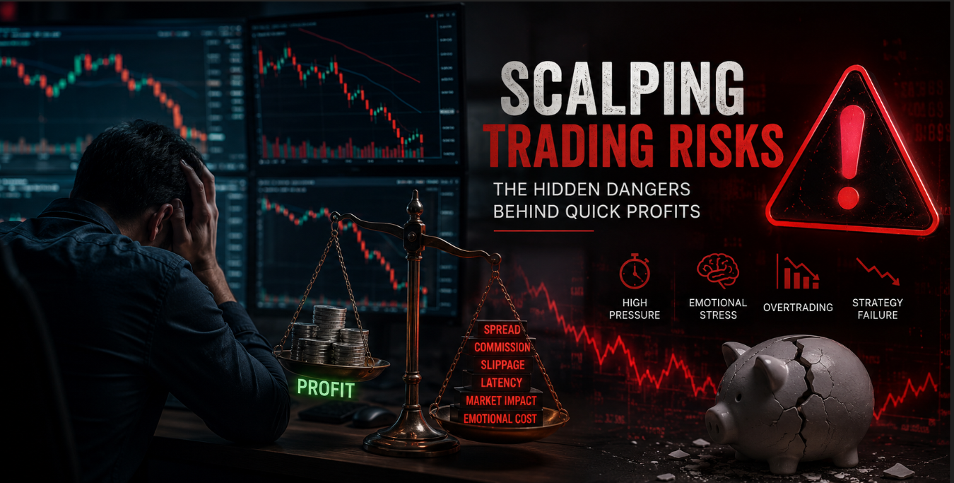 Trader facing multiple financial charts while analyzing the hidden risks of scalping strategies in the Forex market.