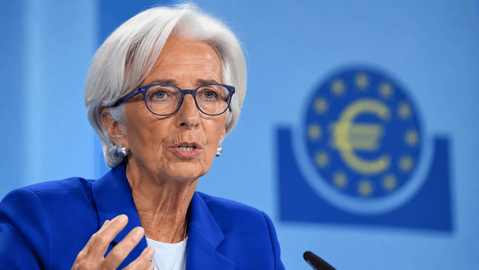 Close-up of Christine Lagarde at the European Central Bank press conference