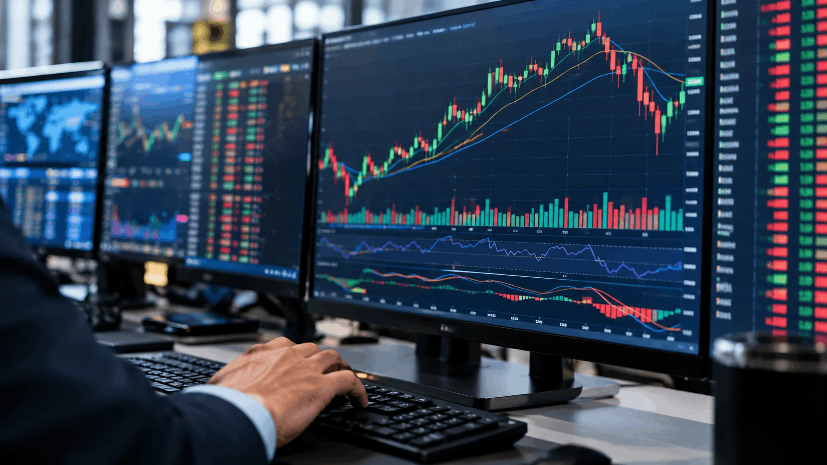 A close-up of forex day trading and real-time market charts