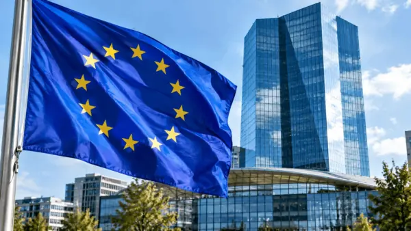 Close-up of the European Central Bank building and the European Union flag
