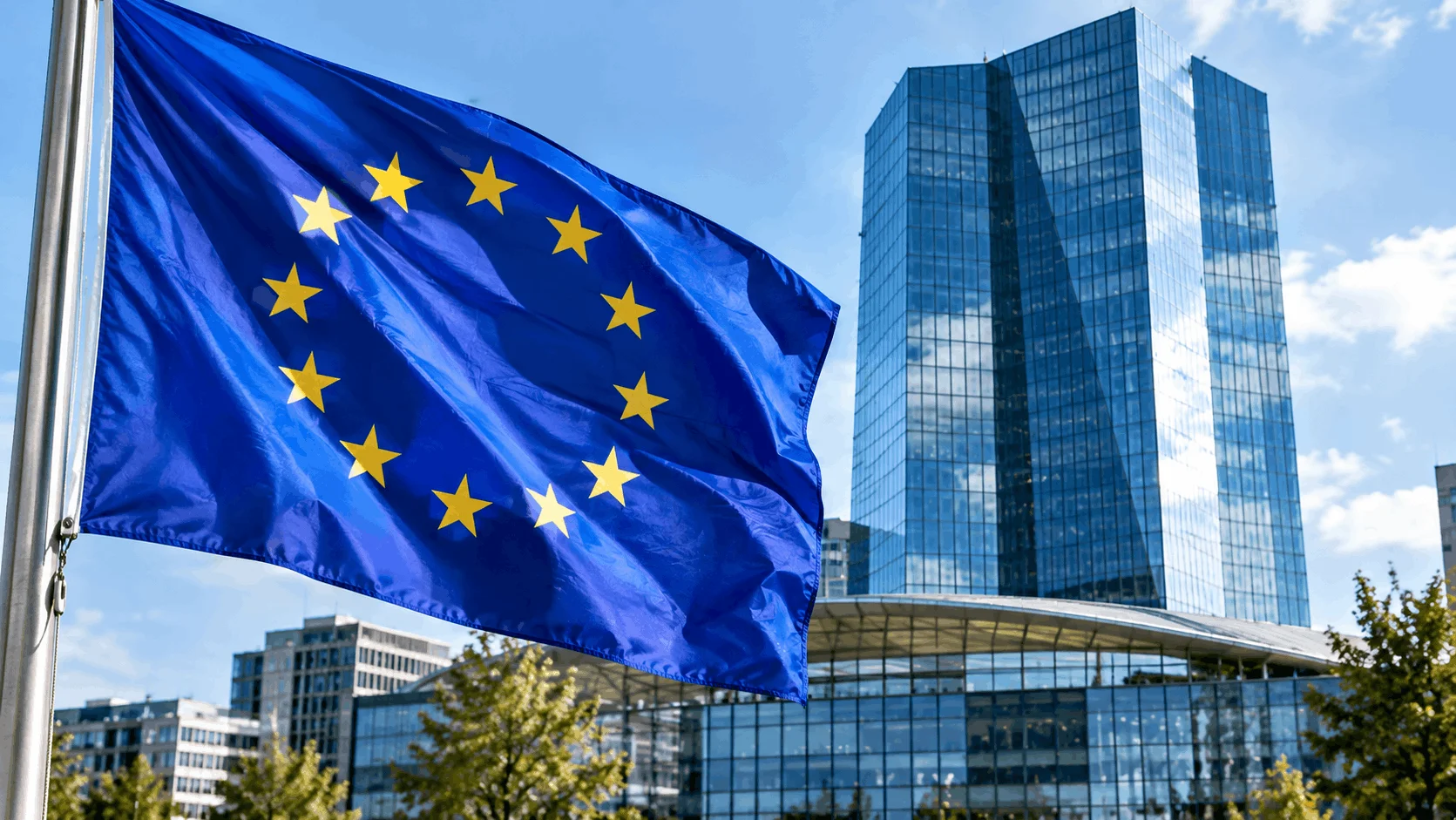 Close-up of the European Central Bank building and the European Union flag