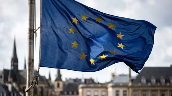 Close-up of the European Union flag with twelve golden stars