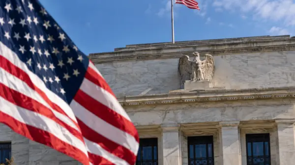 Close-up of the US Federal Reserve building with the US flag