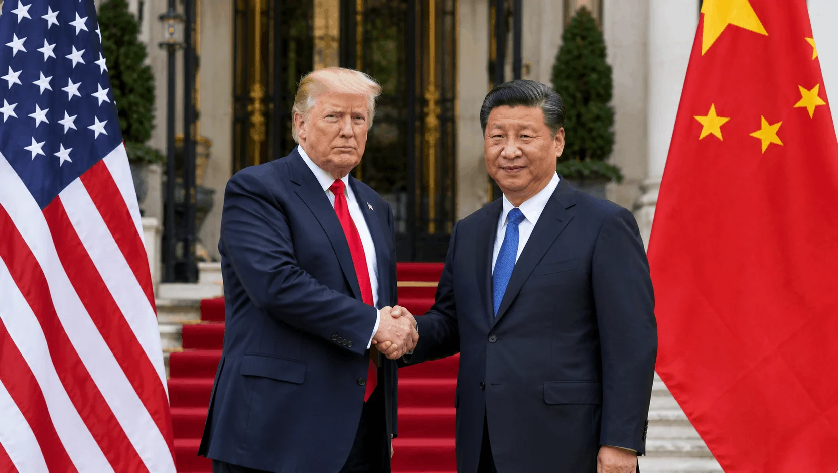 Donald Trump's official visit to China with American and Chinese flags