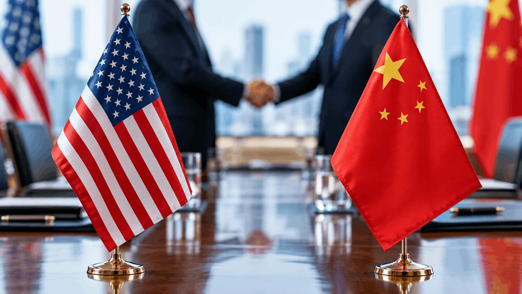 Close-up of US and Chinese flags during trade talks