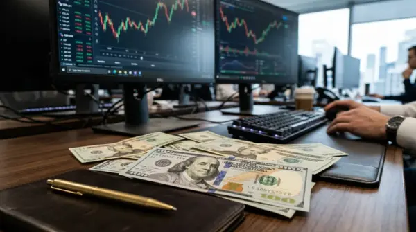 Close-up of US dollar banknotes on a trading desk