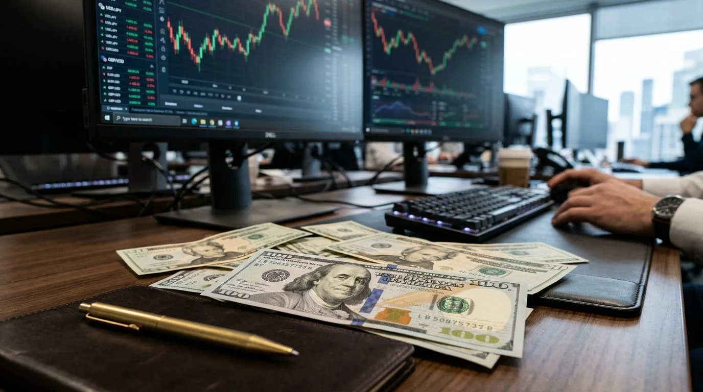 Close-up of US dollar banknotes on a trading desk