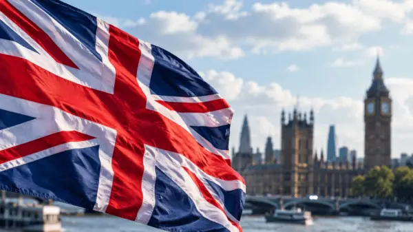 Close-up of the British flag with the city of London in the background