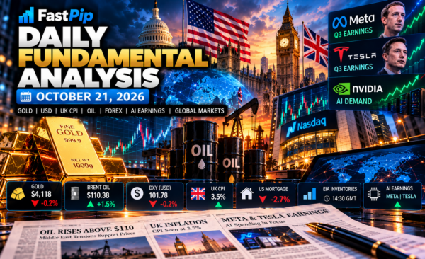 Daily Fundamental Analysis October 21 2026 covering gold, Brent oil, the US dollar, UK CPI, mortgage data, EIA inventories, Meta and Tesla earnings, AI stocks, and global financial markets.