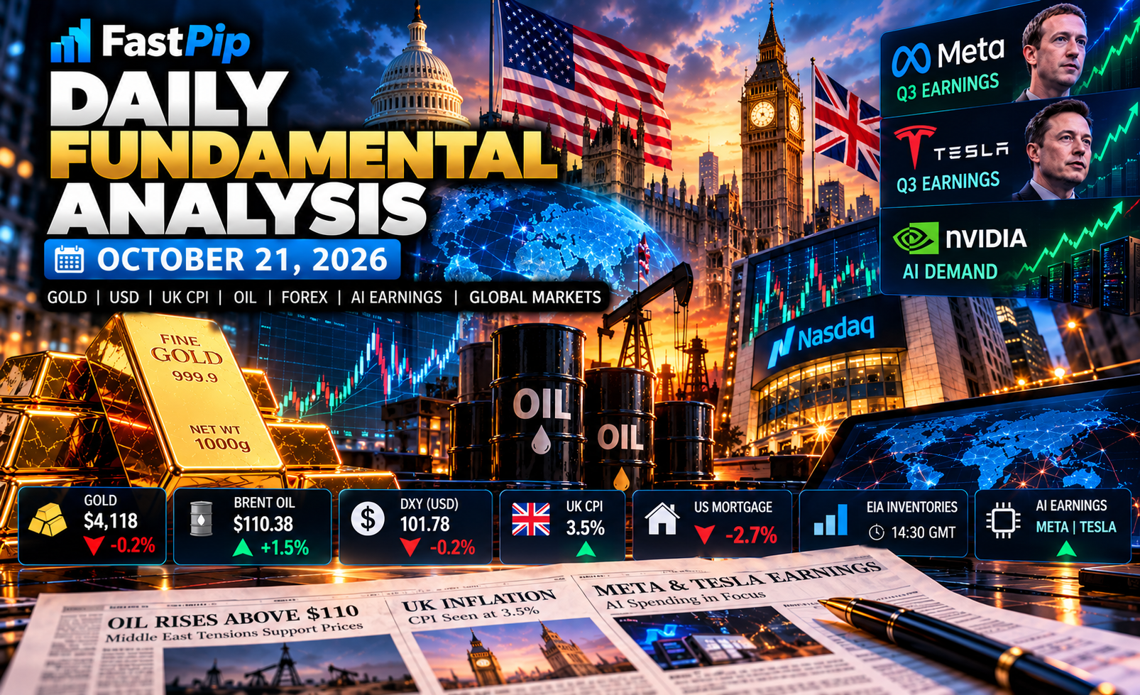 Daily Fundamental Analysis October 21 2026 covering gold, Brent oil, the US dollar, UK CPI, mortgage data, EIA inventories, Meta and Tesla earnings, AI stocks, and global financial markets.