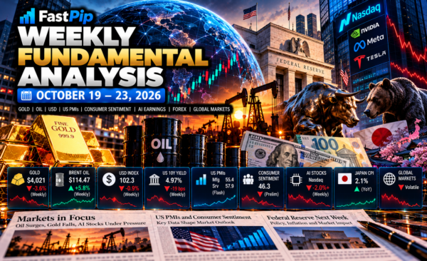 Weekly Fundamental Analysis October 19–23 2026 covering gold, Brent oil, the US dollar, Treasury yields, US PMIs, consumer sentiment, AI stocks, Japan CPI, forex, and global financial markets.
