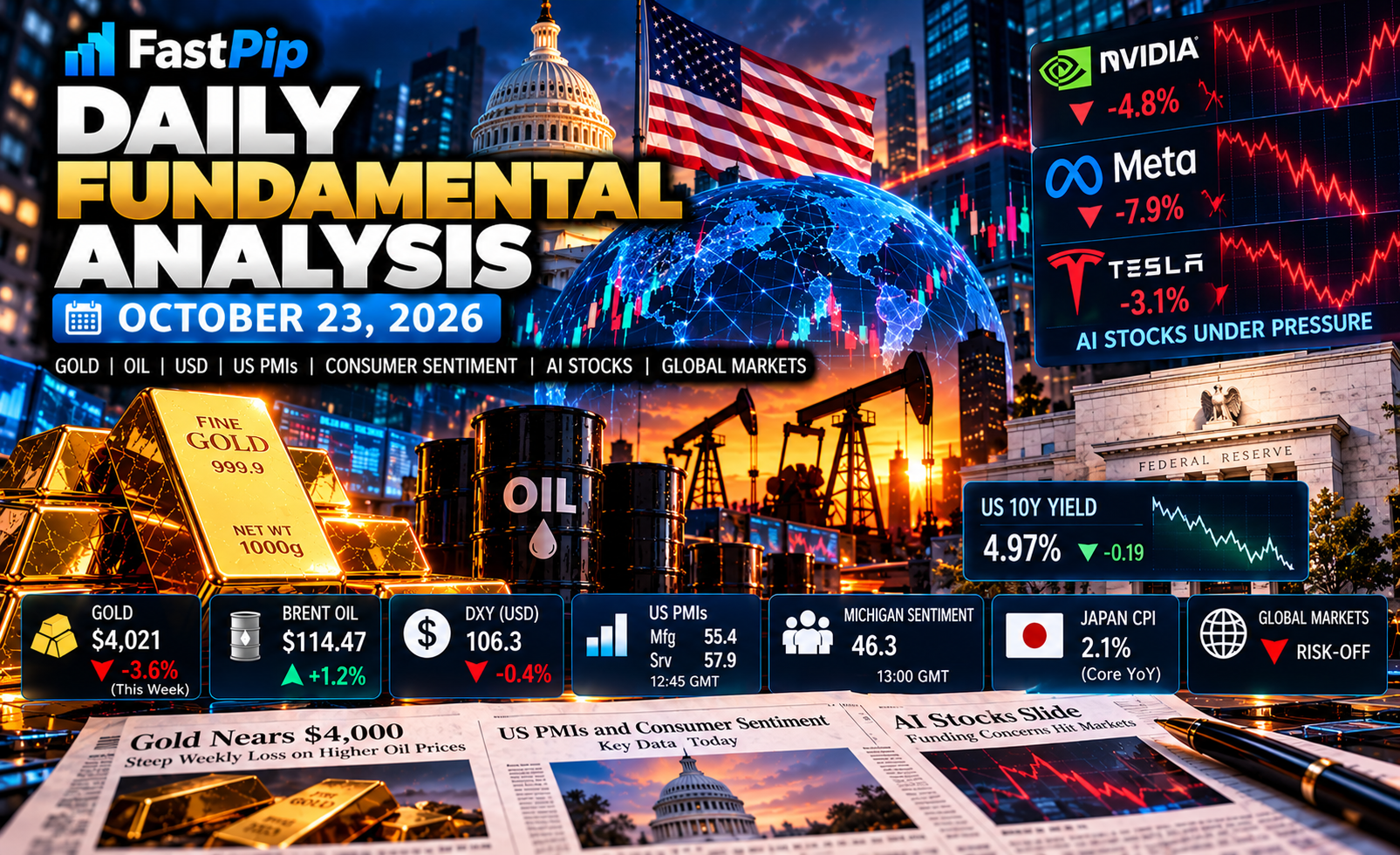 Daily Fundamental Analysis October 23 2026 covering gold, Brent oil, the US dollar, US PMIs, Michigan consumer sentiment, Treasury yields, AI stocks, Japan CPI, and global financial markets.