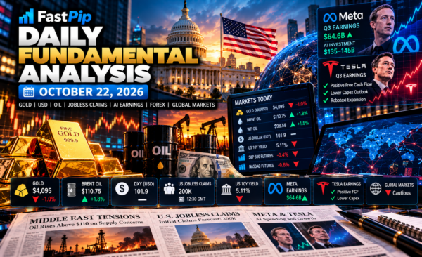 Daily Fundamental Analysis October 22 2026 covering gold, Brent oil, the US dollar, Treasury yields, US jobless claims, Meta and Tesla earnings, AI stocks, and global financial markets.