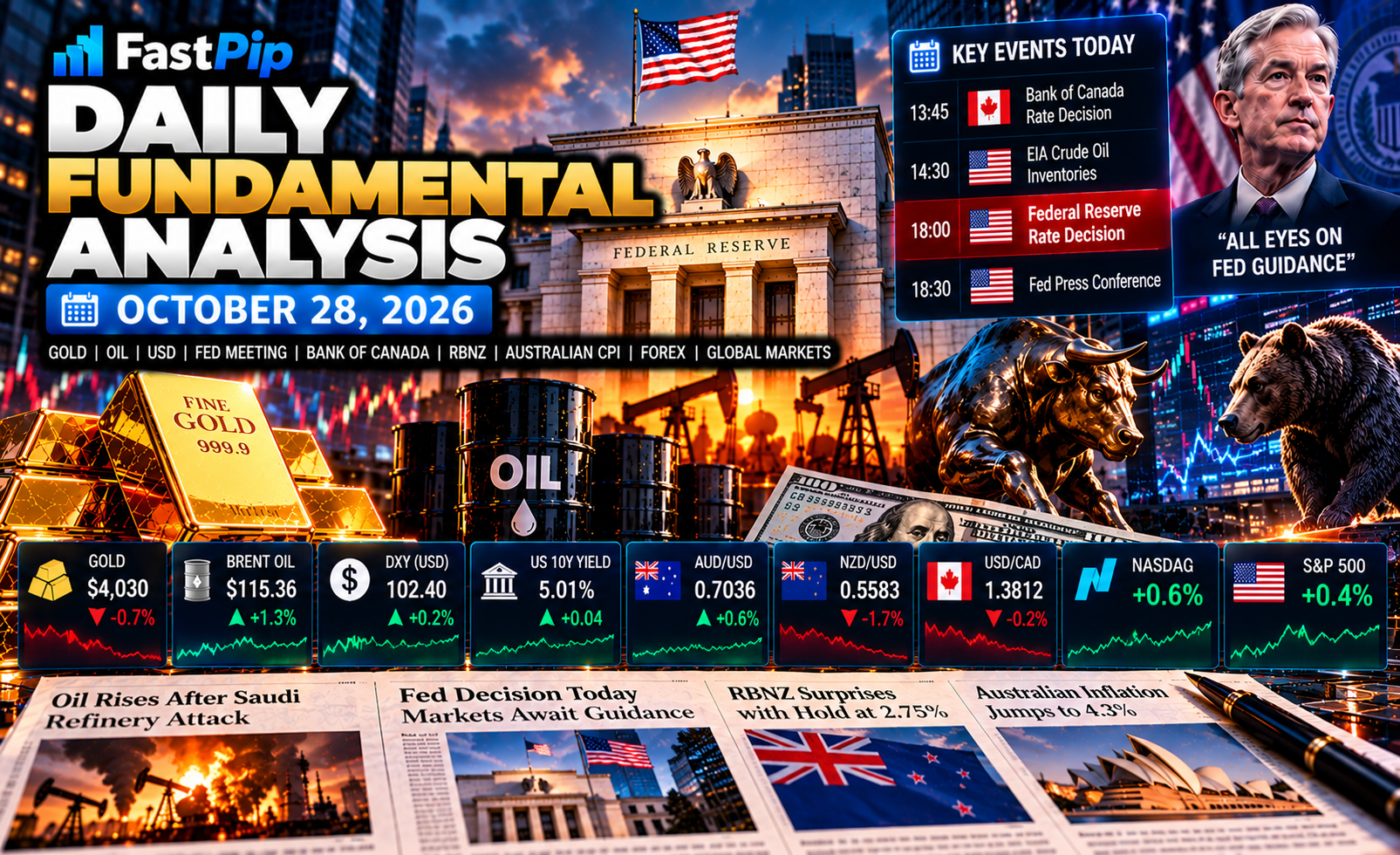 Daily Fundamental Analysis October 28 2026 covering gold, the Federal Reserve rate decision, Bank of Canada, the US dollar, Treasury yields, Brent oil, Australian CPI, RBNZ, forex, and global financial markets.