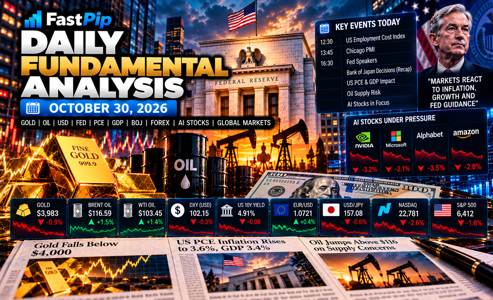 Daily Fundamental Analysis October 30 2026 covering gold below $4,000, US PCE inflation, GDP growth, Federal Reserve policy, Treasury yields, Brent oil, Bank of Japan, AI stocks, forex, and global financial markets.