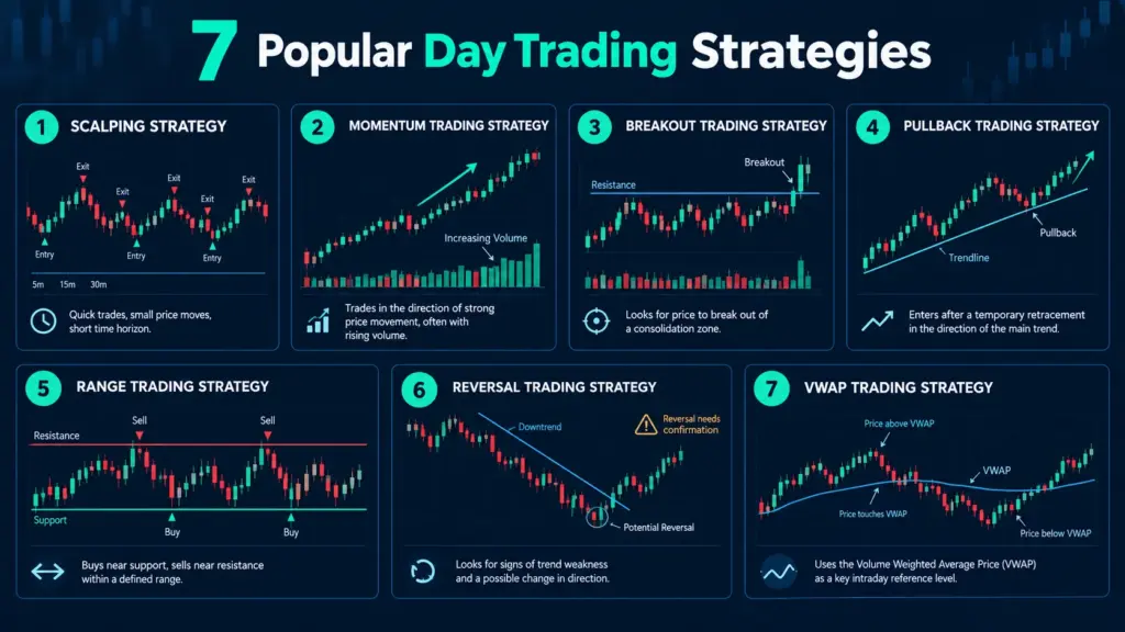 Infographic illustrating seven popular day trading strategies: scalping, momentum trading, breakout trading, pullback trading, range trading, reversal trading, and VWAP trading.
