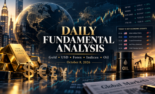 Daily fundamental analysis for October 8, 2026 covering gold, the US dollar, forex, global stock indices, oil, and key economic events.