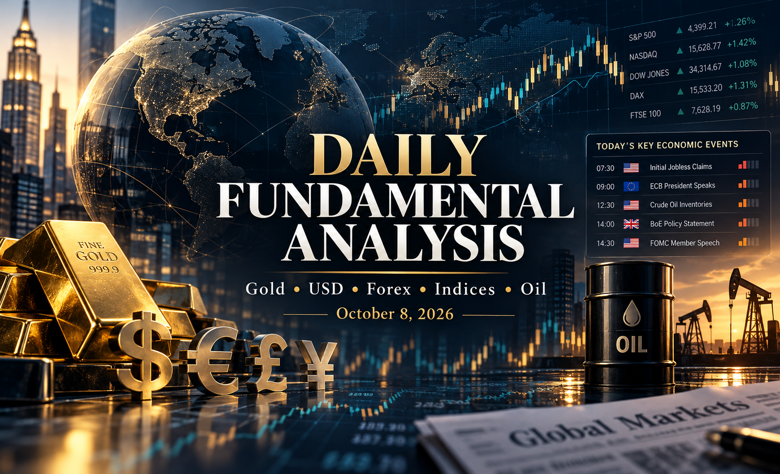 Daily fundamental analysis for October 8, 2026 covering gold, the US dollar, forex, global stock indices, oil, and key economic events.