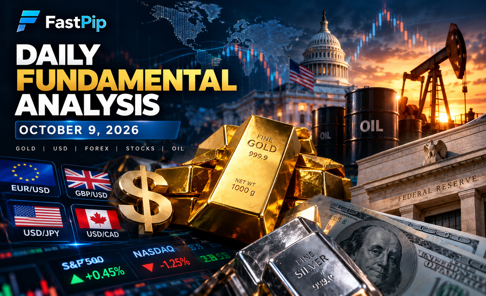Daily fundamental analysis for October 9, 2026 covering gold, the US dollar, forex, Canadian employment, US consumer sentiment, Treasury yields, stock indices, oil, and silver.