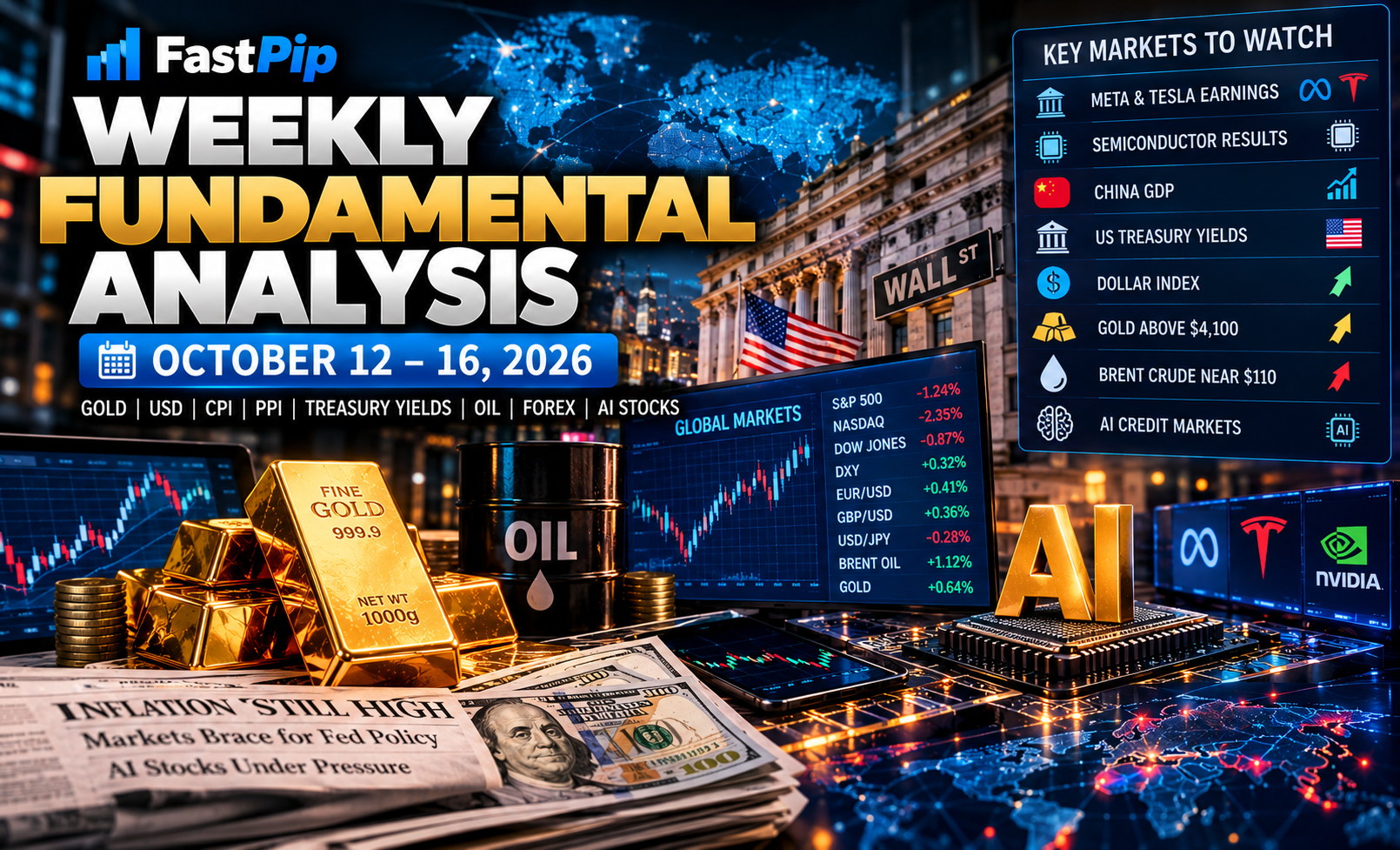 Weekly Fundamental Analysis October 12–16 2026 covering gold, the US dollar, CPI and PPI, Treasury yields, oil, forex, AI stocks, and key global market signals.