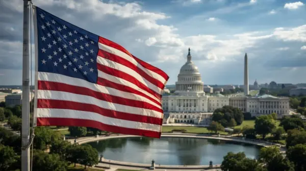 The United States flag in front of the Capitol Building in Washington, D.C.