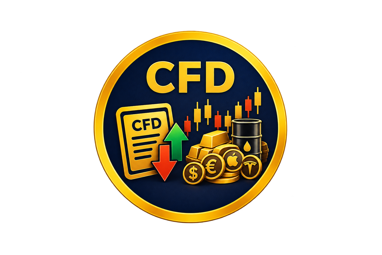 "CFD (Contract for Difference) trading icon featuring financial market candlestick charts, rising and falling price arrows, and forex, gold, oil, and stock trading symbols."