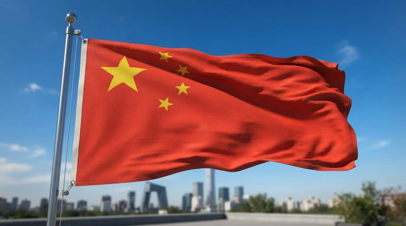 Red Chinese flag with five golden stars fluttering in the wind